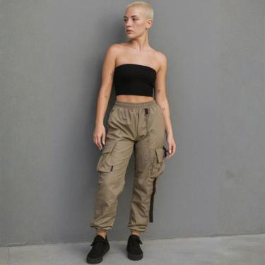 Imagem de Calça Cargo Jovem Mulher com Bolso Grande 3D e Corrente Prateada Cor:C