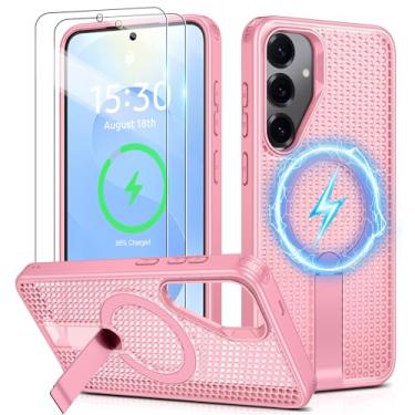 Imagem de Jshru Para Samsung Galaxy S25/S24 Cas com [2 peças] películas de tela HD, compatível com MagSafe [proteção contra quedas de grau militar], capa fina translúcida com suporte invisível para S25, rosa