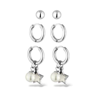 Imagem de Kit Brincos 3 Furos Modelo Argola e Ponto Aço inox 316l Antialérgico Não Escurece Dourado Prata Feminino Moda Estilo (Prata)