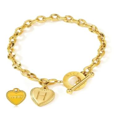Imagem de pichuxiu Pulseira feminina com pingente de coração banhado a ouro 18 k com inicial H elegante fecho OT joia de aço inoxidável presente de aniversário