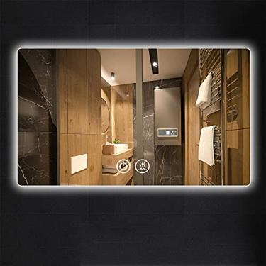 Imagem de TRGCJGH Espelho de banheiro LED Espelho de banheiro montado na parede para chuveiro Espelho de banheiro iluminado por LED com anti-nevoeiro Espelho inteligente fixado na parede, Luz branca - 90 x 70