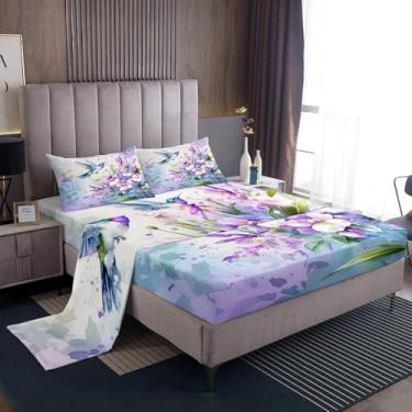 Imagem de Jogo de lençol Queen com estampa floral de beija-flores roxas, pássaros, natureza, jardim, para crianças, adolescentes, adultos, lençol de cima, lençol com elástico
