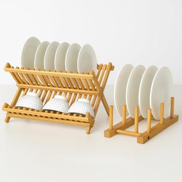Imagem de Kit escorredor Pratos Copos Louças Bambu Dobrável Com 2 Níveis Suporte Elegante para Cozinha Moderna Organizador Pia Compacto e Resistente à Água 100% Natural Ecológico (Pequeno, KIT1, 1)