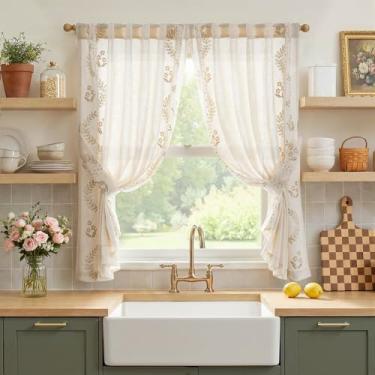 Imagem de jinchan Belrose Cortinas Florais de Linho Café 137 cm de Comprimento Bordado Cortinas de Casa de Fazenda para Cozinha, Quarto, Banheiro, Pequeno, Janelas, Conjunto de Cortinas Filtragem de Luz 2
