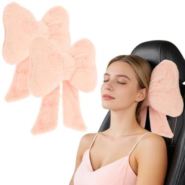 Imagem de 2 almofadas de encosto de cabeça de carro com laço de pelúcia, 25,4 x 23 x 7,6 cm, suporte de pescoço confortável, tecido macio, decoração de interior de carro, estilo lindo, almofadas de encosto de