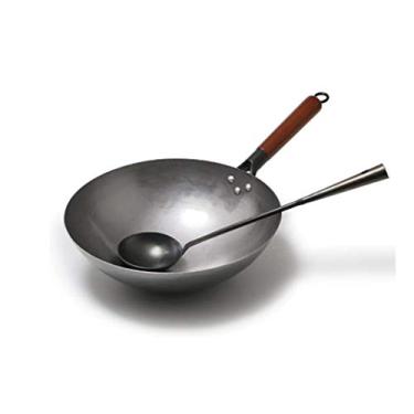 Imagem de Conjuntos de utensílios de cozinha chinês tradicional ferro wok feito à mão grande wok e cabo de madeira antiaderente wok panela a gás panelas cozinha (tamanho : 34 cm)
