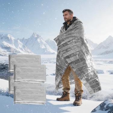 Imagem de Cobertor térmico de emergência, 4 peças, cobertor espacial de filme de alumínio refletivo para acampamento, caminhada, equipamento de sobrevivência, folha de isolamento dobrável leve prata (210 x 140