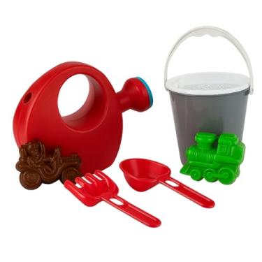 Imagem de Kit Praia Infantil com Regador Vermelho, Balde Cinza, Pás e Brinquedos, 7 Peças
