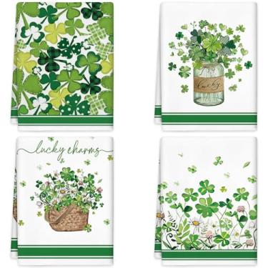 Imagem de Conjunto de 4 toalhas de cozinha do Dia de São Patrício - panos de prato de trevo verde toalhas de mão do dia de São Patrício para decoração de casa de férias, cozinhar e secar, decorações de St
