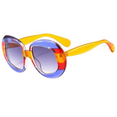 Imagem de HCHES Óculos de Sol Redondos Femininos de Luxo com Armação em Gradiente de Cores Contrastantes e Design Retrô, Proteção UV400 (Azul, Laranja e Cinza)