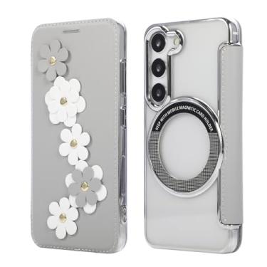 Imagem de Capa carteira para Samsung Galaxy S23 Plus, 3 compartimentos para cartão e anel magnético, bloqueio RFID, compatível com carregamento sem fio, traseira transparente, design floral de couro, proteção