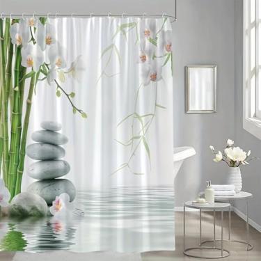 Imagem de Cortina de chuveiro minimalista, pedra branca, mastro de bambu, decoração de casa de banho, cortinas de chuveiro para banheira com 12 ganchos 69 x 70 pol. - 175 x 177 cm/L x A