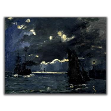 Imagem de Yomcut Arte de parede em tela Claude Monet - Seascape Shipping By Moonlight Poster - Impressionist Art Famous Oil Painting Prints Modern Home Cool Wall Decoration Sem moldura 12 x 16 pol. 30 x 40 cm