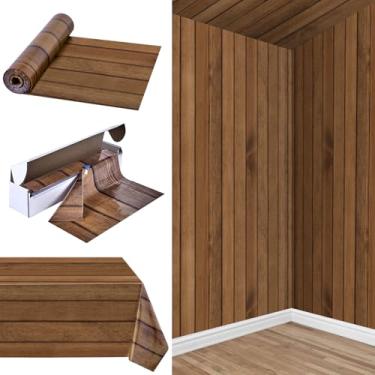 Imagem de ARQRHTLY Rolo de toalha de mesa de grão de madeira de 100 pés x 137 cm com caixa cortadora, toalha de mesa de plástico descartável, capa de mesa de fundo de madeira rústica para decoração de fazenda