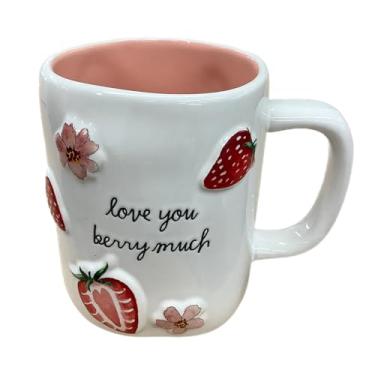 Imagem de Caneca de café Rae Dunn Dia dos Namorados, Love You Berry Much, design de morangos e flores, cerâmica branca com interior rosa