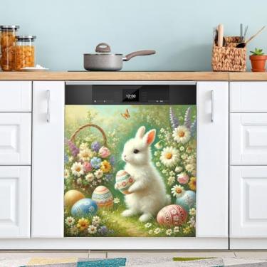 Imagem de Coelho Páscoa capa de ímã de lava-louças adesivo magnético fácil de limpar ímãs de geladeira decoração ímã de porta de geladeira adesivo para decoração de casa cozinha 58 cm x 66 cm