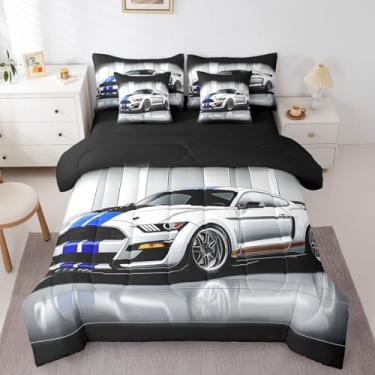 Imagem de Feelyou Jogo de cama casal de carro de corrida, 7 peças, branco, azul, para crianças, meninos, adolescentes, conjunto de cama de carro em uma bolsa, preto e cinza