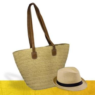 Imagem de Kit Chapéu Palha ABA CURTA Panama + Bolsa GOLD Praia Tote Alça Grande Feminina 1015-Feminino