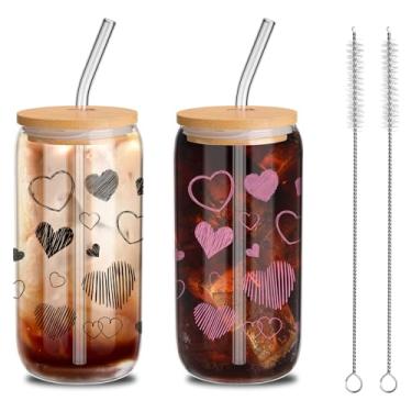 Imagem de Yetene 2 conjuntos de copos de vidro rosa e preto, copos de copo de dia dos namorados de 473 ml com tampas de bambu e canudos em forma de lata, copos de vidro transparente para café gelado, frascos de