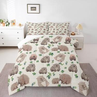 Imagem de Homewish Conjunto de cama Queen com desenho animado Wombats, aquarela botânica, folhas verdes, estilo selva, para crianças, meninos, meninas, adolescentes, cinza, animais selvagens, fofo, edredom com