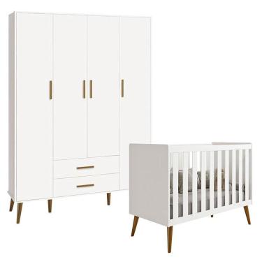 Imagem de Berço Americano E Guarda Roupa Infantil 4 Portas Isis Branco Acetinado - Reller