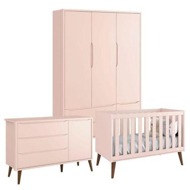 Imagem de Quarto De Bebê Theo 3 Portas Rosa Com Pés Amadeirados - Reller