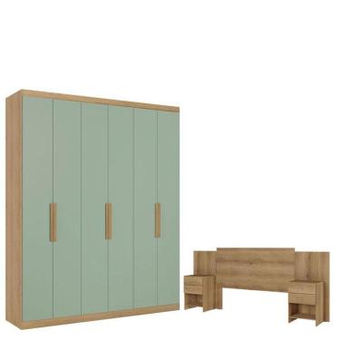 Imagem de Guarda Roupa Casal Milan 6 Portas Capuccino Menta Acetinado E Cabeceira Com Mesas De Cabeceira Formosa Capuccino - Thb