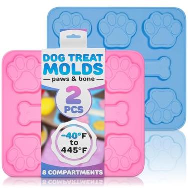 Imagem de Molde de silicone para assar pata e osso - 2 peças moldes de petisco para cães molde de pata de filhote de cachorro cubos de gelo moldes de chocolate para doces giz de cera molde de cubo de gelo - molde de pata de osso de cachorro azul e rosa para petiscos de cachorro