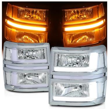 Imagem de M-AUTO Conjunto de faróis DRL de barra de luz LED estilo original compatível com Chevy Silverado 1500 2014-2015, caixa cromada, conjunto de faróis de canto transparente esquerdo e direito