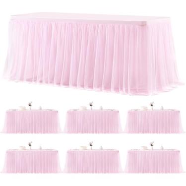 Imagem de Pacote com 6 toalhas de mesa rosa para mesas retangulares de 2,3 m, toalha de mesa de tule, toalha de mesa rosa, retangular, 2,4 m, elastano elástico, capas de mesa para chá de bebê, meninas, festa de