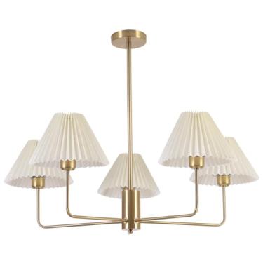 Imagem de Lustre pendente de tecido plissado branco com 5 lâmpadas, estilo moderno de meados do século XX, com acabamento dourado escovado, estilo Sputnik, ideal para sala de jantar ou estar. Perfeito