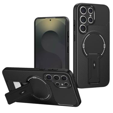 Imagem de LTLMYDAM Capa com suporte para Samsung Galaxy S26 Ultra/S26 Plus/S26, capa magnética de proteção para câmera, textura de fibra de carbono, capa fina, preta, S26 Plus