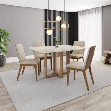 Imagem de Conjunto Sala Jantar Mesa Natalí 120cm Canto Arredondado com Vidro 4 Cadeiras Pietra Marrom/Off White/Caramelo/ Creme