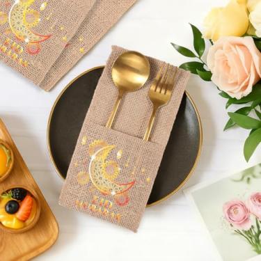 Imagem de 5 peças Eid Mubarak saco de talheres de serapilheira, padrão de flor de lua dourada, suporte de talheres e garfos, decorações de mesa para festa muçulmana, vintage, rústico, artigos de jantar rústicos