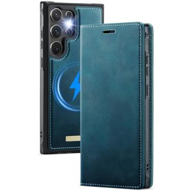 Imagem de POYUFRG Capa flip para Samsung Galaxy S26 Ultra/S26 Plus/S26, carteira magnética destacável capa de couro retrô para negócios, azul, S26 Plus