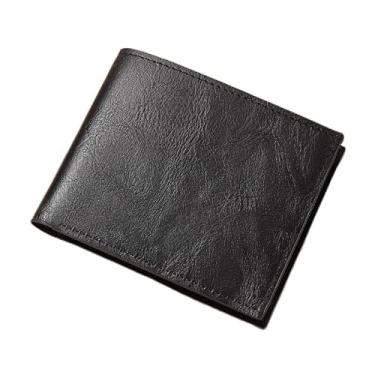Imagem de Carteira masculina retrô curta com dobra dupla - poliuretano ultrafino de 0,6 cm, 4 compartimentos para cartões e 2 compartimentos para dinheiro, leve de 50 g (preto, marrom escuro, marrom claro