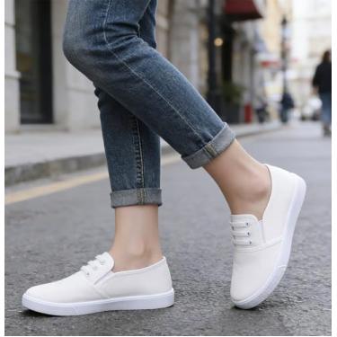 Imagem de Tênis feminino de lona, cano baixo, casual, branco, preto, sem cadarço, moderno, confortável, tênis de caminhada, Branco, 36