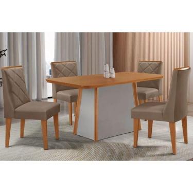 Imagem de Conjunto Sala de Jantar Tilia c/ Tampo Madeirado Canto Curvo 120x80cm e 4 Cadeiras Pietá Madeira Maciça Naturale/Off White - Capuccino/Suede Capuccino