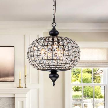 Imagem de HUOKU Lustres de cristal vintage para sala de jantar, luminária preta de 41,7 cm para sala de jantar com detalhes dourados para teto alto, sala de estar, cozinha, entrada