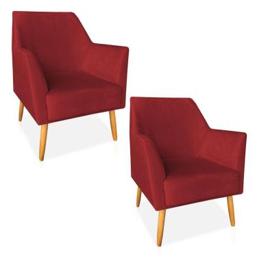 Imagem de Kit 02 Poltronas Decorativa Julia Veludo Vermelho Pés Palito Castanho