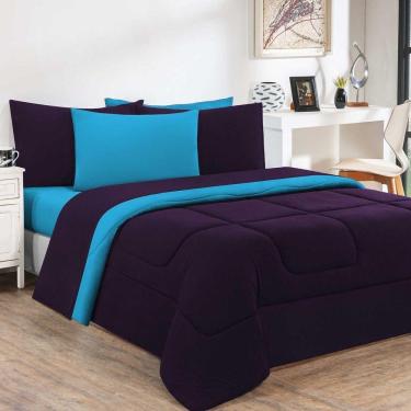 Imagem de Kit Edredom + Jogo De Lençol Malha 100% Algodão Gran Moratta 7 Peças King - Roxo -azul Turquesa.