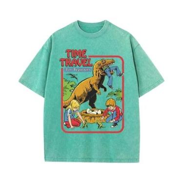 Imagem de Camiseta Masculina Retrô De Algodão Lavado Com Estampa De Dinossauro, 