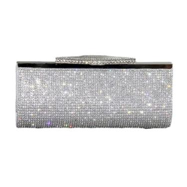 Imagem de Bolsa clutch feminina para noite nupcial casamento bolsa de ombro com strass, Prata, M