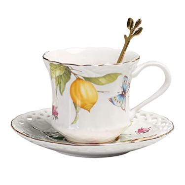 Imagem de Sizikato Xícara de Chá de Porcelana com Colher Dourada, 170 g, Estampa de Limão e Borboleta