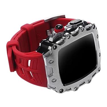 Imagem de KANUZ Capa para Apple Watch 44 mm e 45 mm com pulseira de metal modificado para iWatch série 7 45 mm 6/5/4/SE 44 mm capa de proteção de tela de vidro (cor: prata 2 vermelho, tamanho: 45 mm para 7)