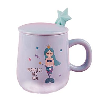 Imagem de Caneca de unicórnio com colher de tampa 3D linda xícara de chá de café de cerâmica conjunto de caneca presente de aniversário para mulheres amantes de amigos (azul sereia, 400 ml)