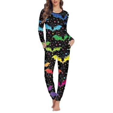 Imagem de Gzzxiailg Conjunto de pijama feminino de 2 peças macio de manga comprida com bolsos pijama de duas peças para casa tamanho PP-6GG, Morcegos, P