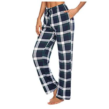 Imagem de Calça de pijama xadrez feminina de flanela com cordão cintura elástica calças lounge de inverno de perna larga, W1 - Azul-marinho, P