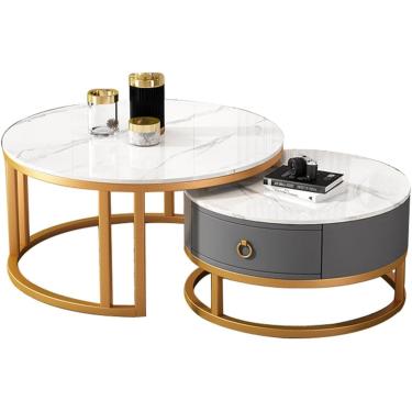 Imagem de Mesa de centro grande com tampo de ardósia, estrutura de metal, mesa de centro redonda, mesa central minimalista, conjunto de 2 mesas de centro, mesa de centro moderna para sala de estar, 70