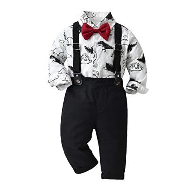 Imagem de Conjunto infantil de manga comprida com estampa de dinossauros + calças, conjunto de roupas para cavalheiros, roupas infantis de verão, Branco, 4-5 Anos